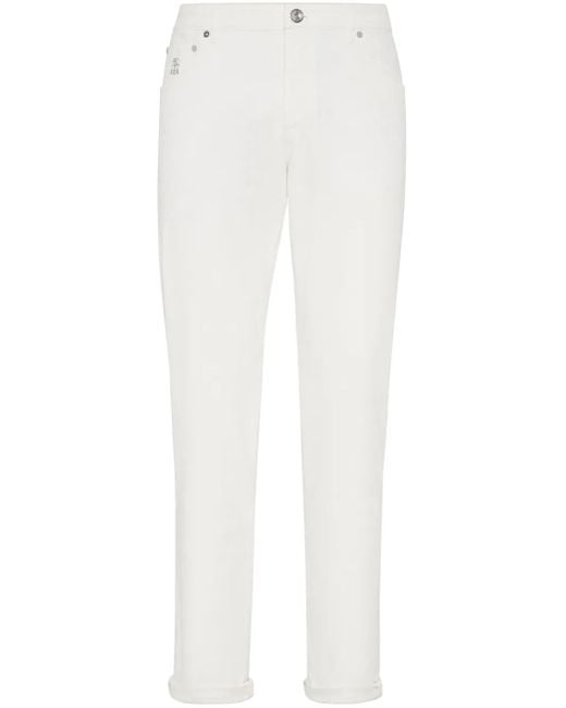 Brunello Cucinelli White Logo-Embroidered Regular-Fit Jeans for men