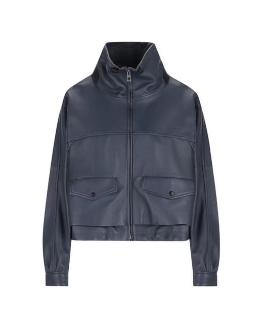 Loewe Blue High-Collar Leather Jacket