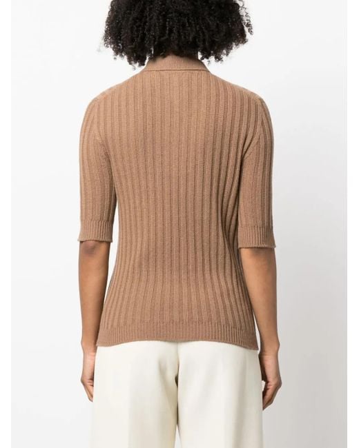Fabiana Filippi Brown Ribbed-Knit Cashmere Polo Top