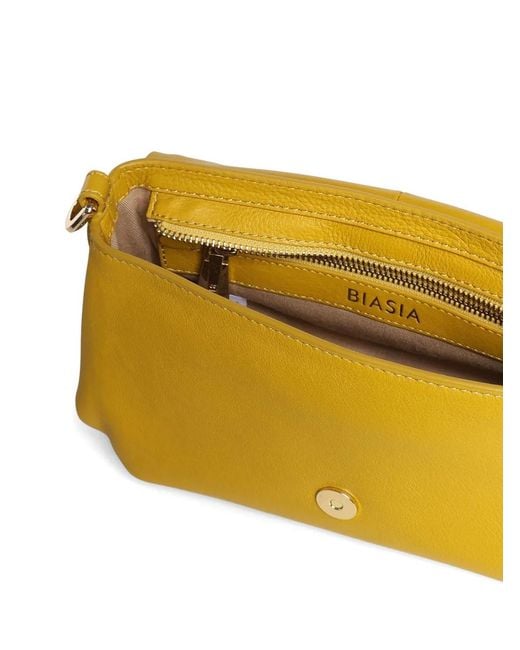 BIASIA Yellow Whipstitch-Trim Logo-Plaque Shoulder Bag