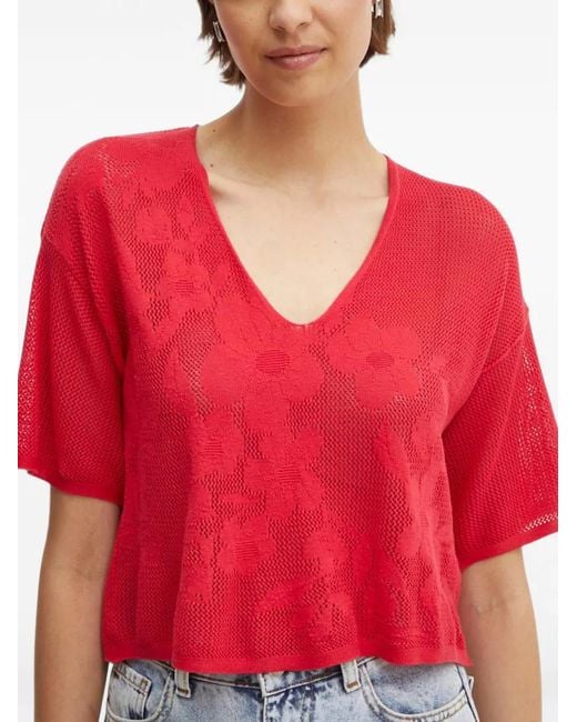 Benetton Red Floral-Jacquard V-Neck Sweater