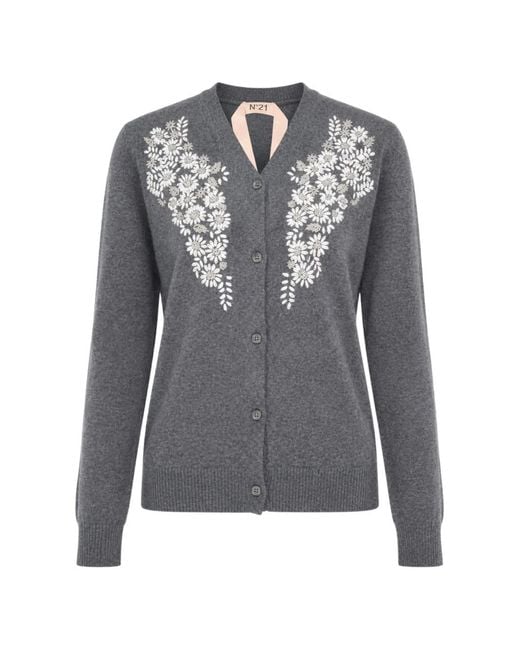 N°21 Gray Floral-Embroidered Cardigan