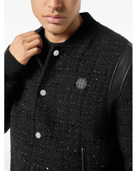 Philipp Plein Black Sequin-Embellished Leather-Trimmed Bomber Jacket for men