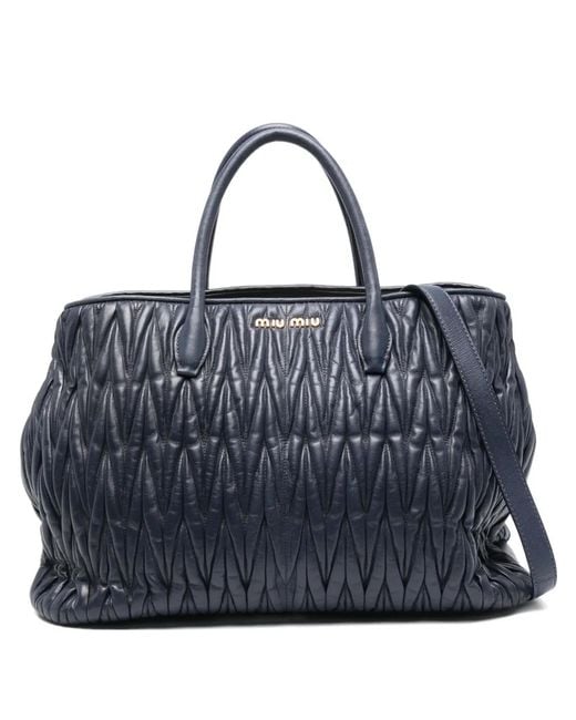 Miu Miu Blue Matelassé-Effect Logo-Detail Tote Bag