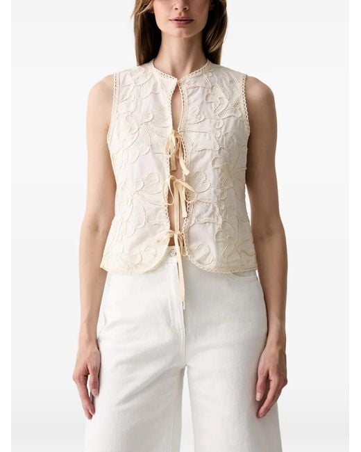Haveone White Floral-Embroidered Tie-Fastening Tank Top