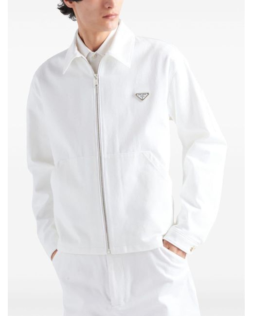 Veste zippée à plaque logo Prada pour homme en coloris White