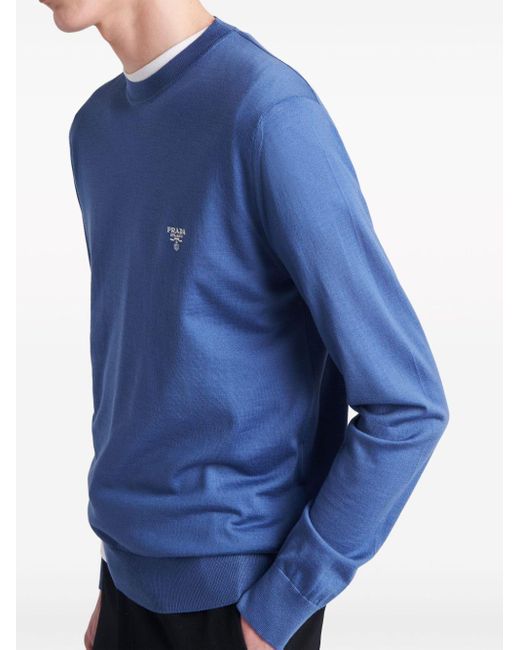 Pull en laine vierge à logo brodé Prada pour homme en coloris Blue