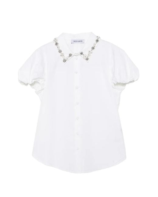 Dice Kayek White Crystal-Embellished Puff-Sleeve Blouse
