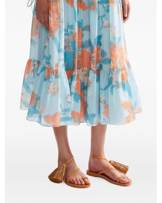 Erdem Blue Floral-Print Tiered Midi Skirt