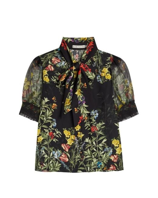 Alice + Olivia Black Floral-Print Pussy-Bow Blouse
