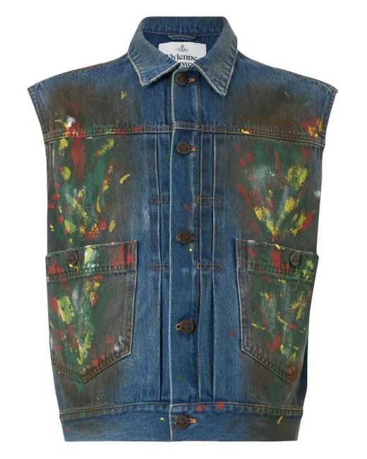 Vivienne Westwood Blue Marlene Paint-Splattered Denim Gilet for men