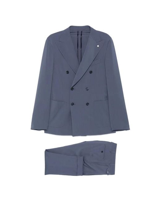 Luigi Bianchi Blue Double-Breasted Peak-Lapel Suit for men