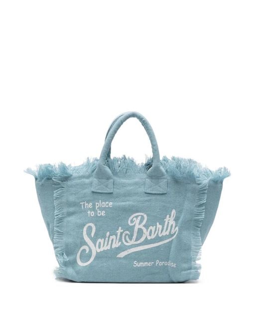 Mc2 Saint Barth Blue Sac Cabas Colette En Lin À Logo Imprimé Et Franges