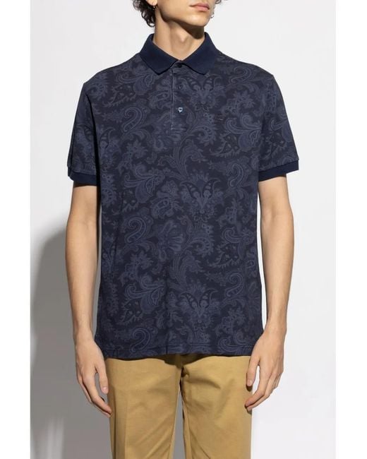Etro Blue Cotton Polo With Decorative Pattern for men