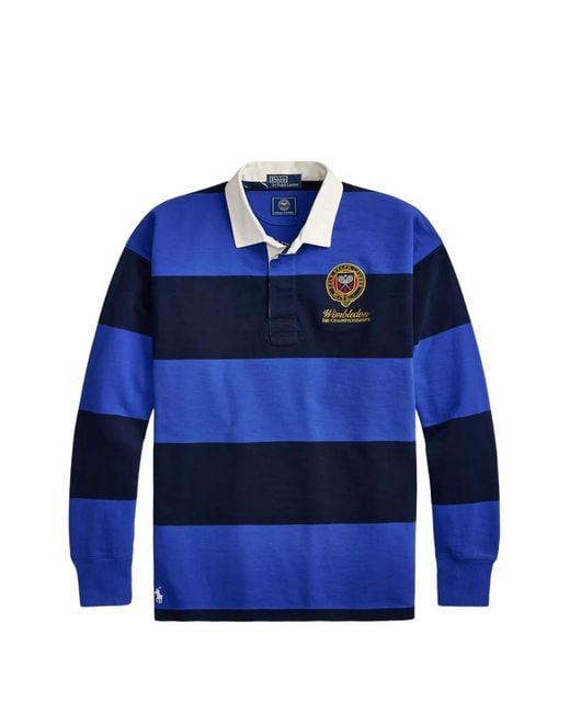 Polo Ralph Lauren Blue Striped Embroidered Rugby Polo Shirt for men