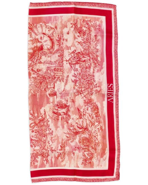 Aries Red Toile De Jouy Silk Scarf for men