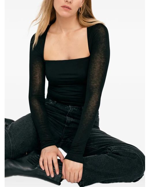 MARCELLA Black Lonnie Square-Neck Sheer-Sleeve Top