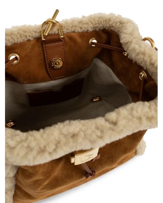 Balmain Brown Shearling-Trim Leather Backpack