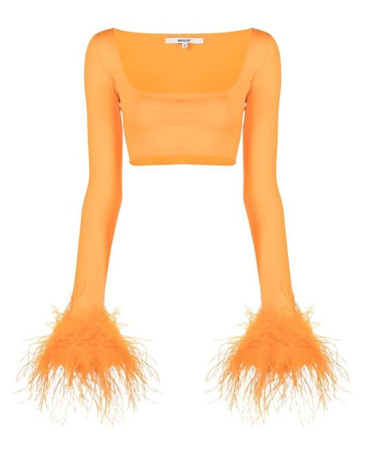 MANURI Orange Feather-cuff Crop Top