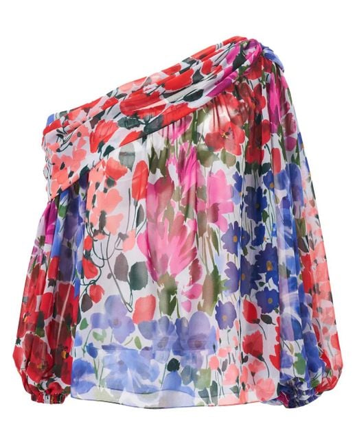 Carolina Herrera Red Jardin-Print One-Shoulder Top