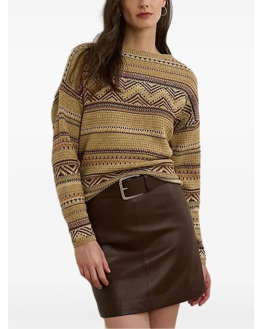 Ralph Lauren Brown Geo-Striped Boat-Neck Sweater