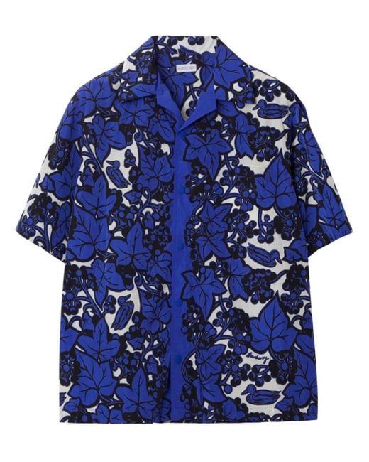 Burberry Blue Ivy Leaf-print Cotton Shirt for men