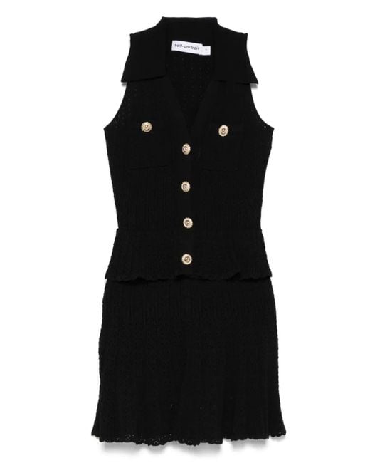 Self-Portrait Women's Black Pointelle-Knit Mini Dress With Flap Pockets And  Chain-Link Accents