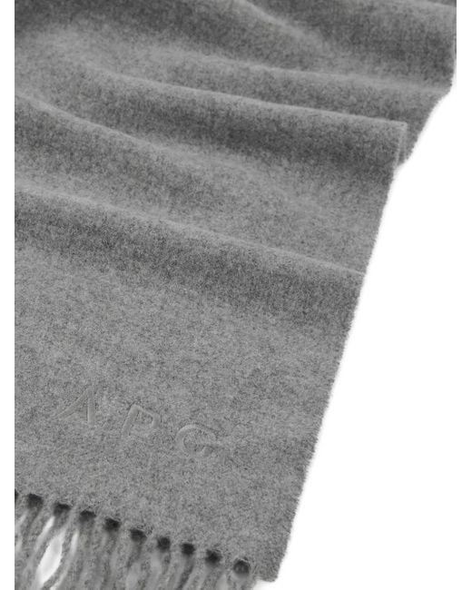A.P.C. Gray Embroidered-Logo Fringed Scarf
