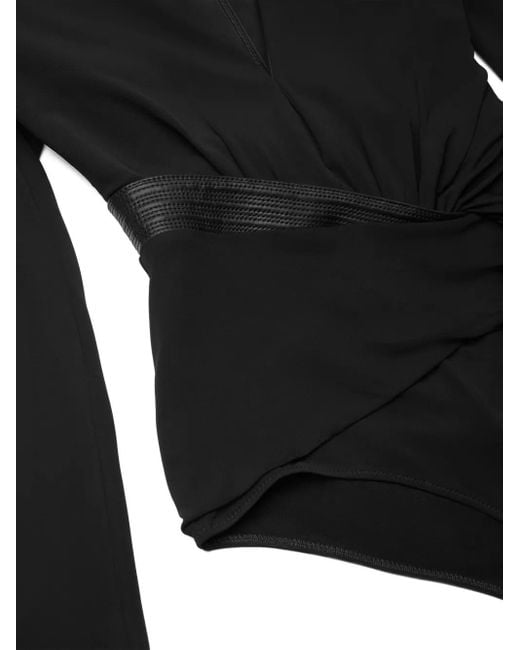 Versace Black Leather-Trimmed Wrap Blouse