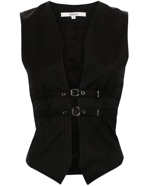 MANURI Black Pinstriped Wool Vest