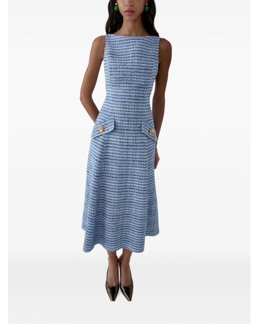 Carolina Herrera Blue Tweed-Effect Button-Detail A-Line Midi Dress