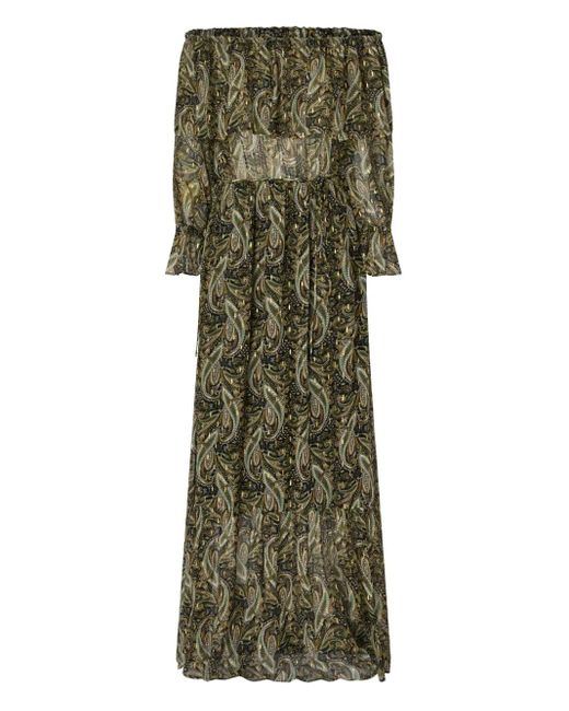 Pinko Green Paisley-Print Off-Shoulder Maxi Dress