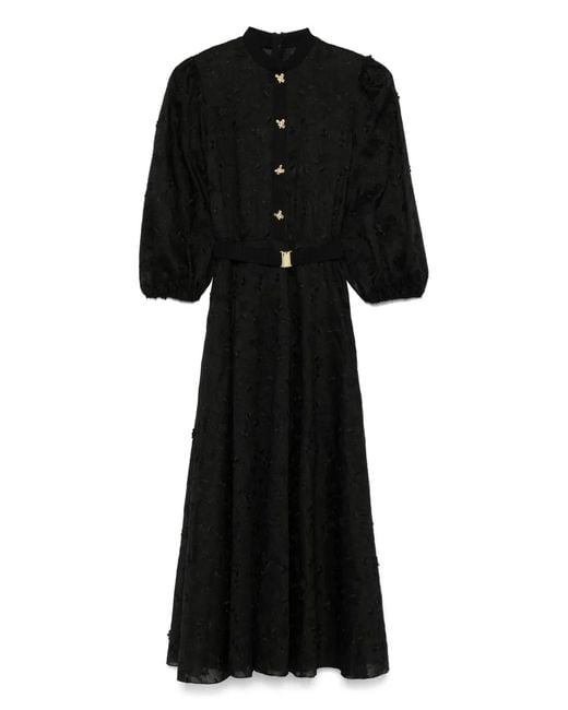 Nissa Black Floral-Appliqué Midi Dress