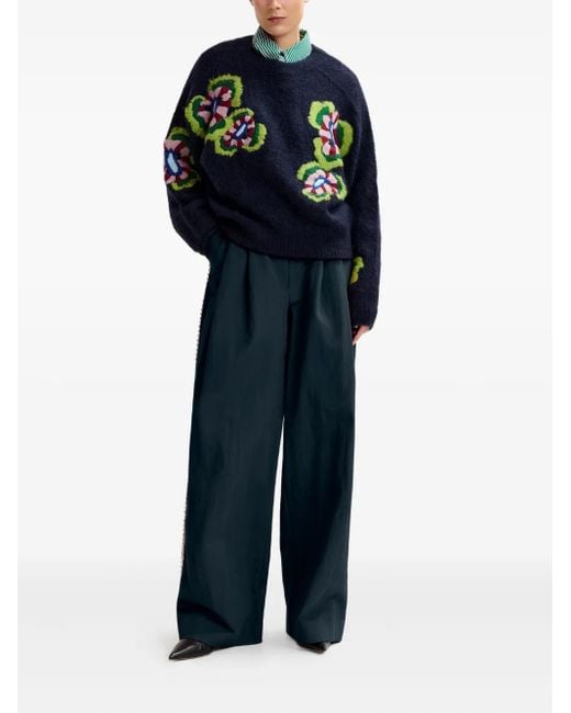 Essentiel Antwerp Blue Floral-Embroidered Crew-Neck Sweater