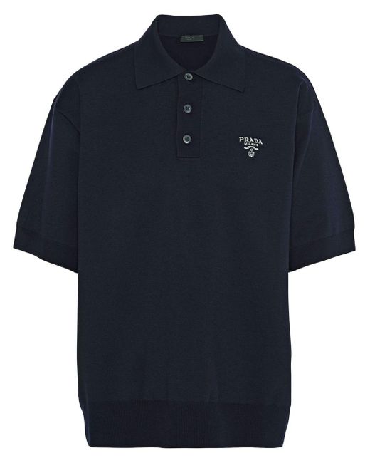 Prada Blue Logo-embroidered Wool Polo Shirt for men