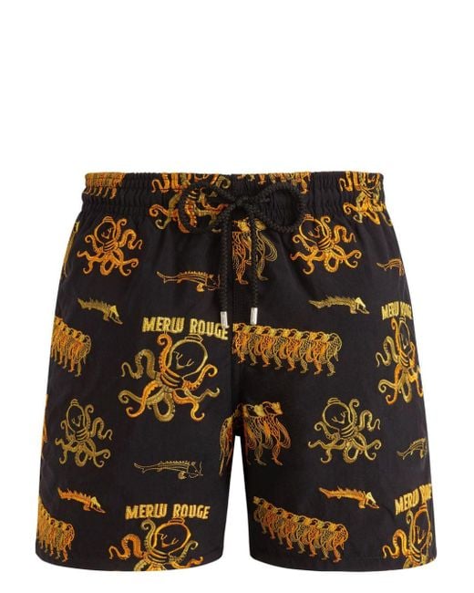 Vilebrequin Black Octopus-embroidered Drawstring Swim Shorts for men