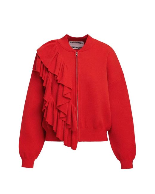 Essentiel Antwerp Red Ruffled Zip-Up Cardigan