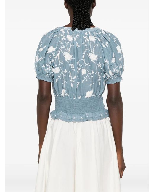 Alice + Olivia Blue Lace-Trim Embroidered Blouse
