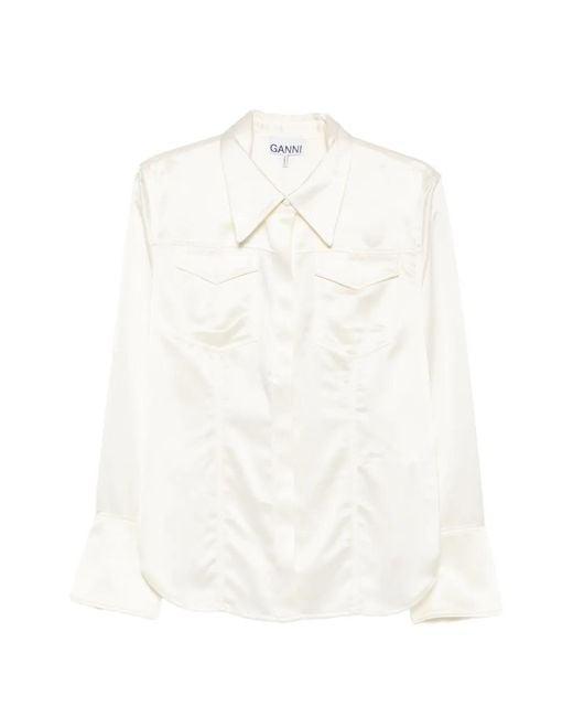 Ganni White Satin-Finish Flap-Pocket Shirt