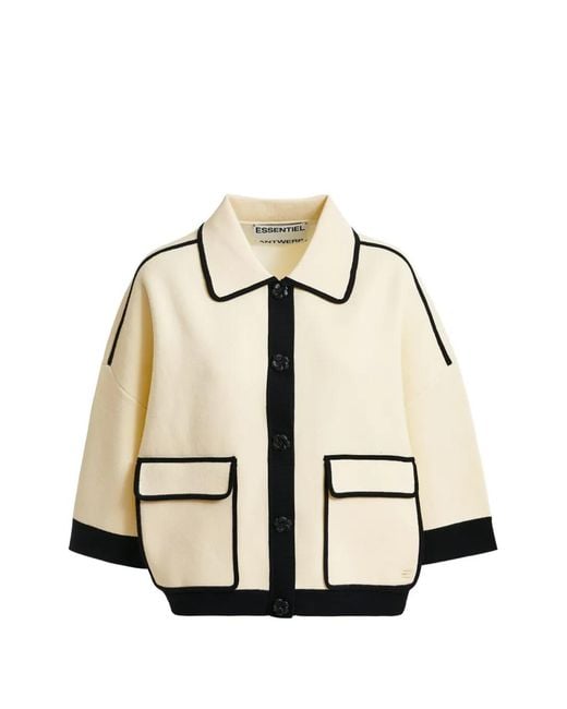 Essentiel Antwerp Natural Flower-Buttons Contrast-Trim Cardigan