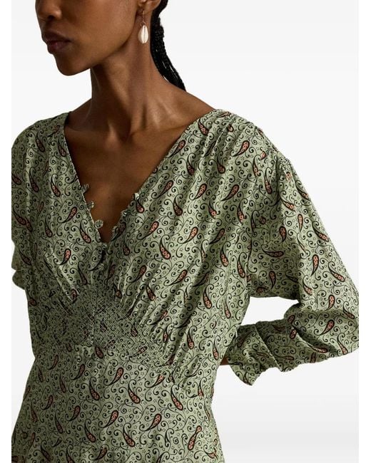 Polo Ralph Lauren Green Paisley V-Neck Midi Dress