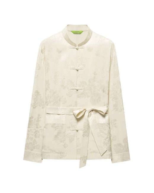 Shanghai Tang White Floral-Jacquard Belted Shirt