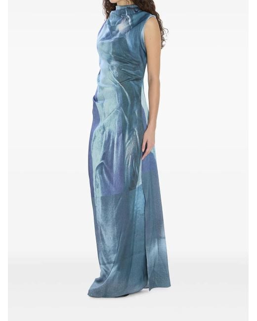 Jean Paul Gaultier Blue Printed Long Sleeveless Satin Dress With Cuffling D