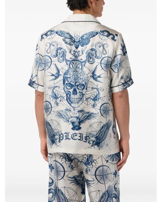 Philipp Plein Blue Printed Silk Shirt for men