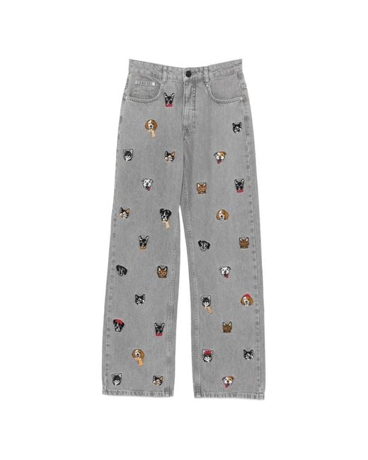 Farm Rio Gray Animal-Embroidered Jeans