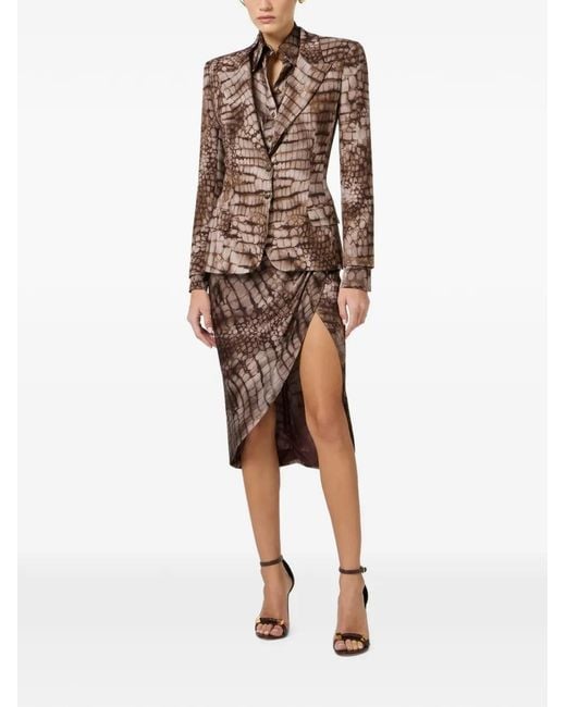 Elisabetta Franchi Natural Crocodile-Effect Cropped Blazer