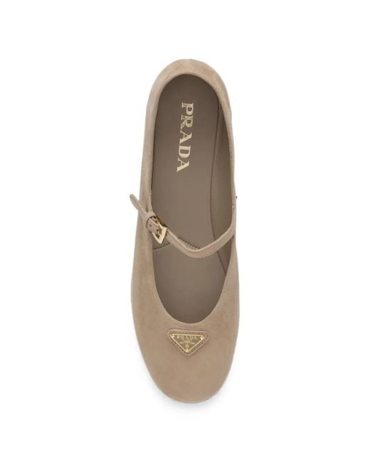 Prada White Buckle-Strap Suede Ballet Flats