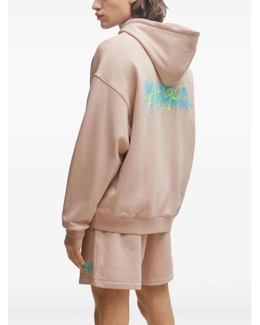 HUGO Pink Logo-Print Cotton Hoodie for men