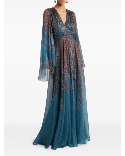 Etro Blue Long Dress With Paisley Print