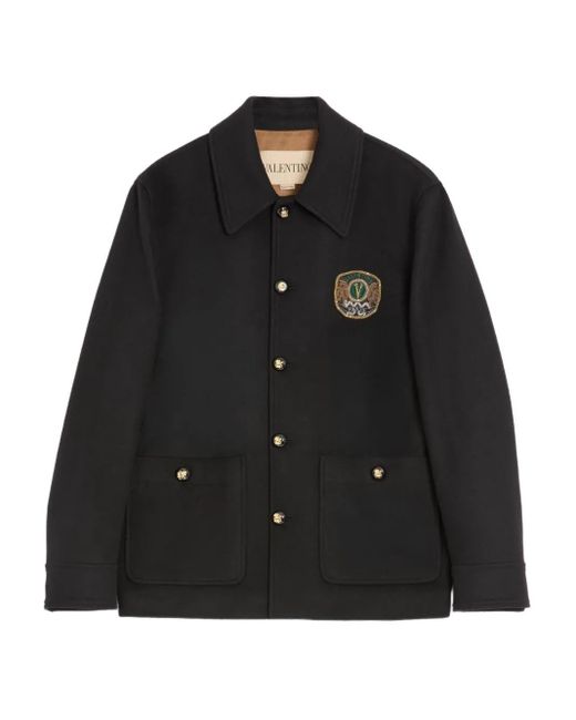 Valentino Garavani Black Embroidered Patch-Pocket Shirt Jacket for men